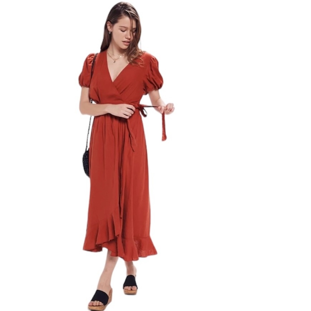 Urban Outfitters Amalfi Linen Midi Wrap Dress Size XS NWT Burnt Orange